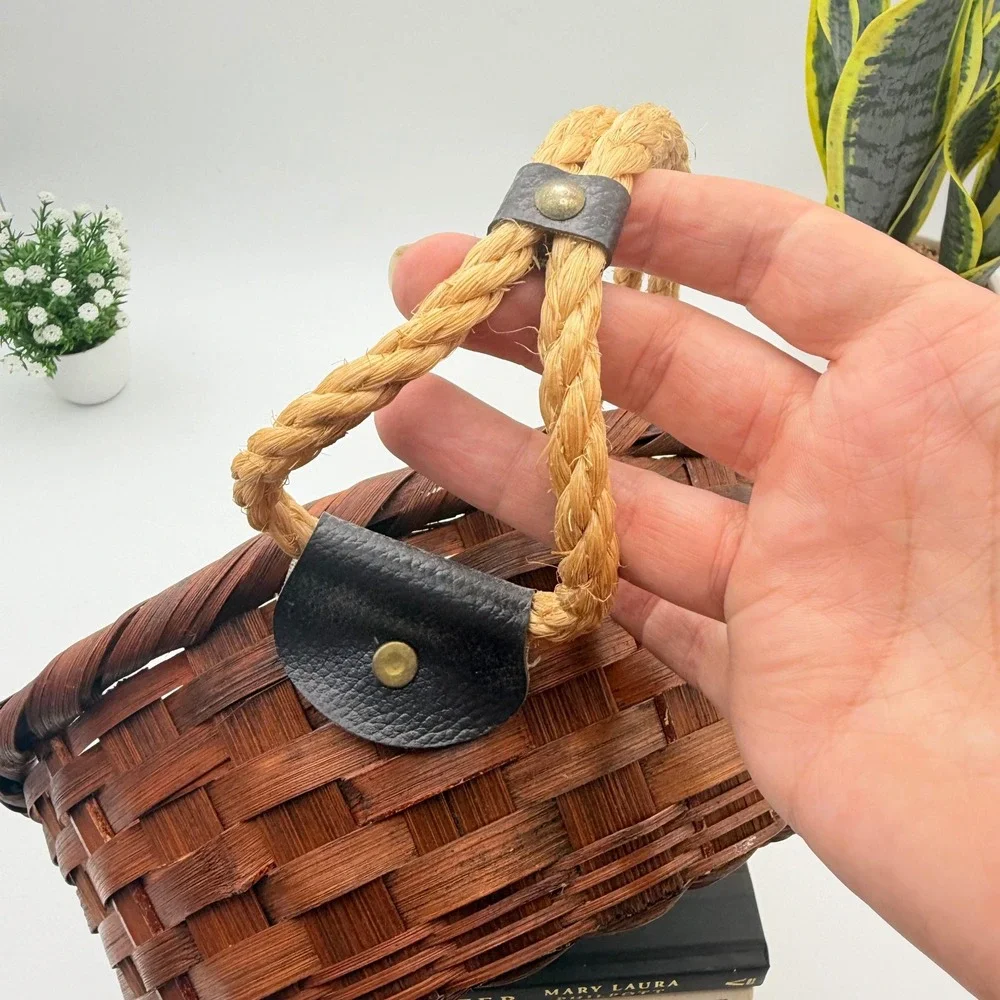 Vintage Woven Bamboo Basket with Rope Handles Made in Japan Dark Reddish Brown